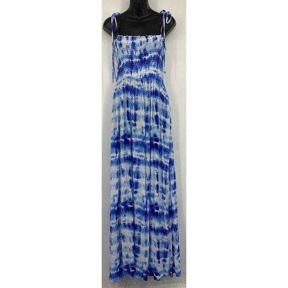 Forever 21 Women Tie Dye Maxi Dress Size Medium M Blue White Rayon Tie Strap New - Picture 1 of 7